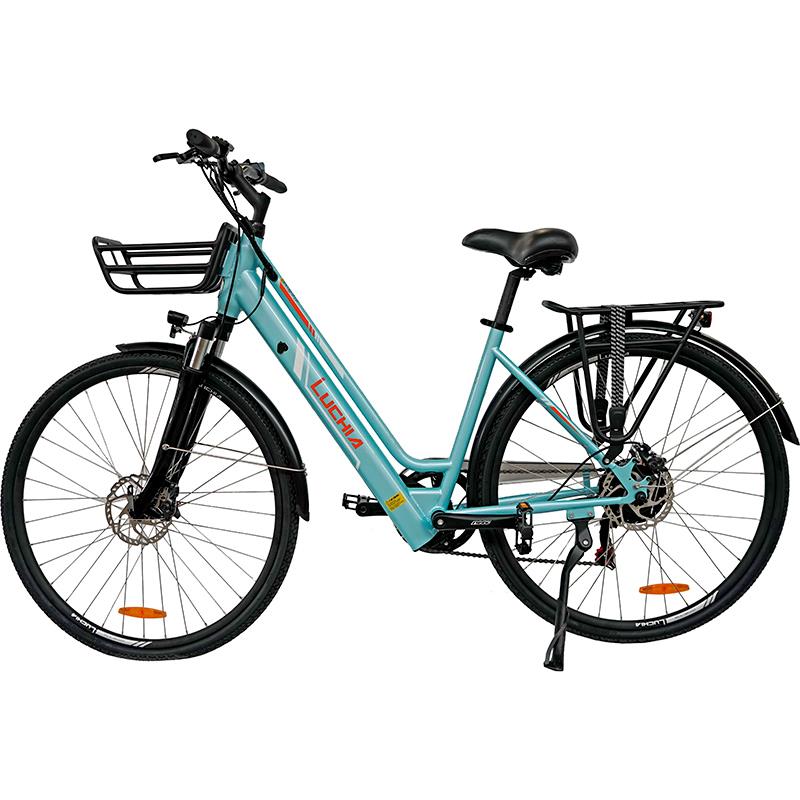 Vélo électrique urbain Antares bleu 700C avec cadre en acier et freins à disque